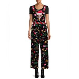 Tilley Women's Cat Christmas Overalls Velvet Wide Leg Romper One Piece Jumpsuit